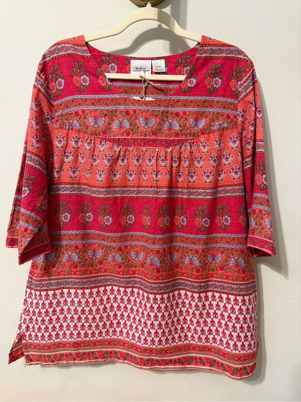 Vermont Country Store size L Coral-Pink Floral Boho Tunic Top 100% cotton